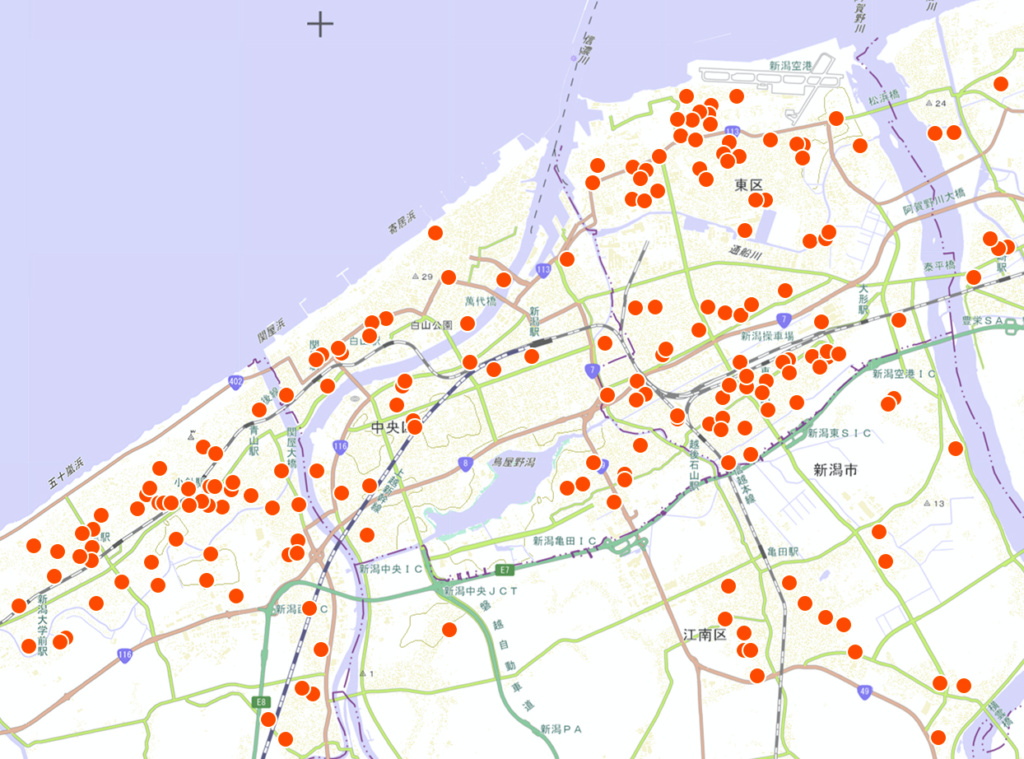 地図：新潟市中心部の施工現場